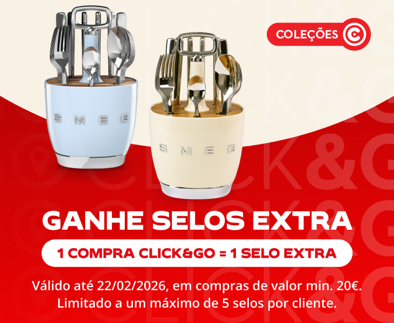 Ganhe selos extra com Click&Go, em encomendas de valor mínimo 20€. Limitado a 5 selos por cliente. Campanha válida de 17 de novembro a 22 de fevereiro de 2025.