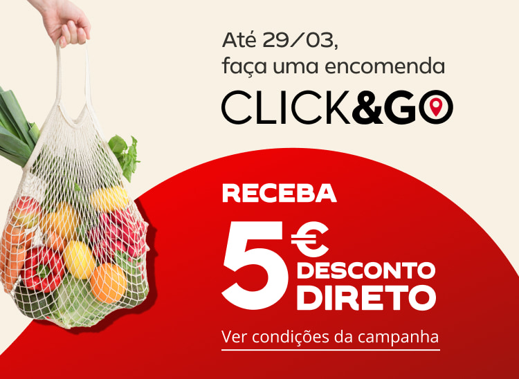 Até 29 de março faça uma encomenda com Click&Go e receba 5€ de desconto direto para utilizar na próxima encomenda.