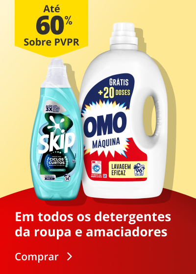 Até 60% PVPR em todos os detergentes e amaciadores para a roupa